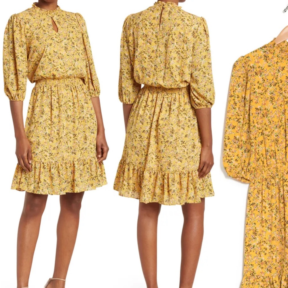 NANETTE NANETTE LEPORE Floral 3/4 Sleeve Keyhole Smocked Midi Dress